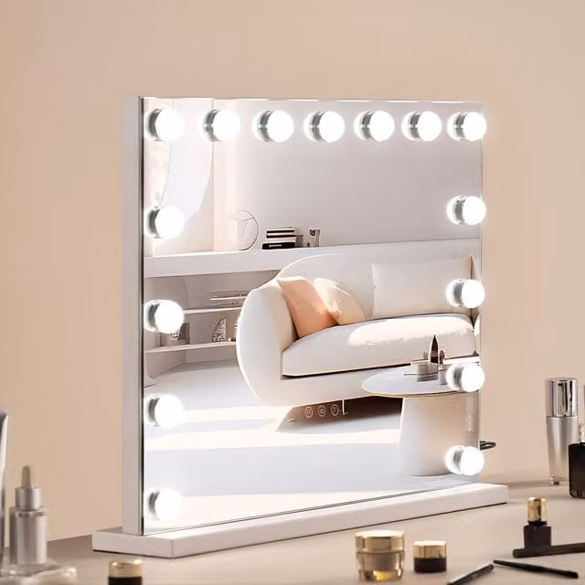 Espejo de maquillaje Hollywood Vevor con 15 bombillas LED regulables, espejo aumentador 5x, control táctil y puerto USB, color blanco, An/P/Al: 58 x 45,8 x 58 cm