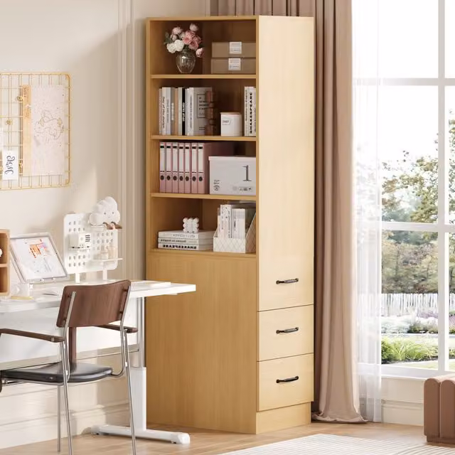 Librería moderna WISHDOR en color roble con 3 cajones laterales y estantes ajustables, An/P/Al: 60 x 38 x 180 cm