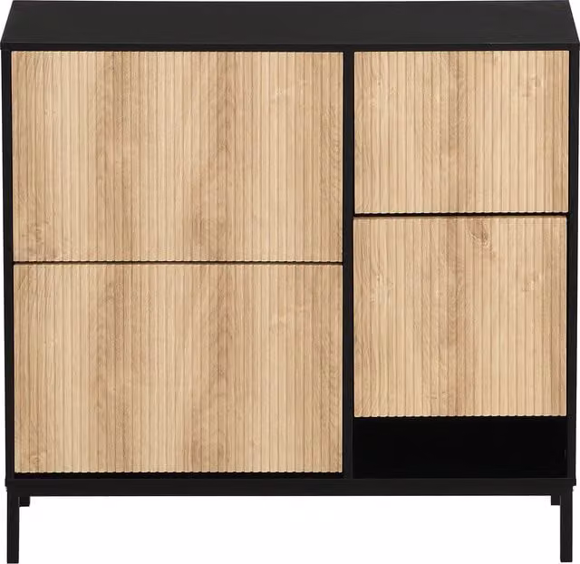 Armario Zapatero Stilvora Moderno con 3 Puertas Abatibles, Banco Integrado y Estante Abierto en MDF, Negro y Natural, An/P/Al: 100 x 25 x 100 cm