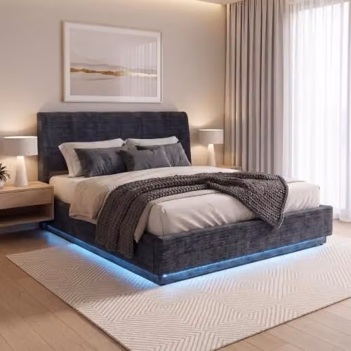 Cama tapizada en lino azul en.casa Tröstiar con somier abatible y luz LED RGB de 160x200 cm