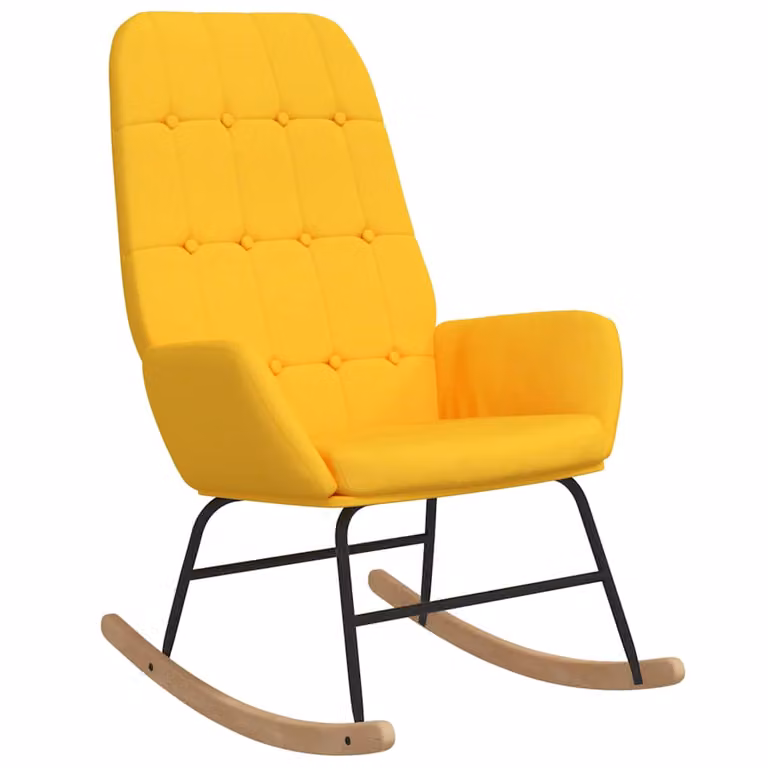 Silla mecedora de tela vidaXL en color amarillo mostaza con estructura de madera de caucho y reposabrazos