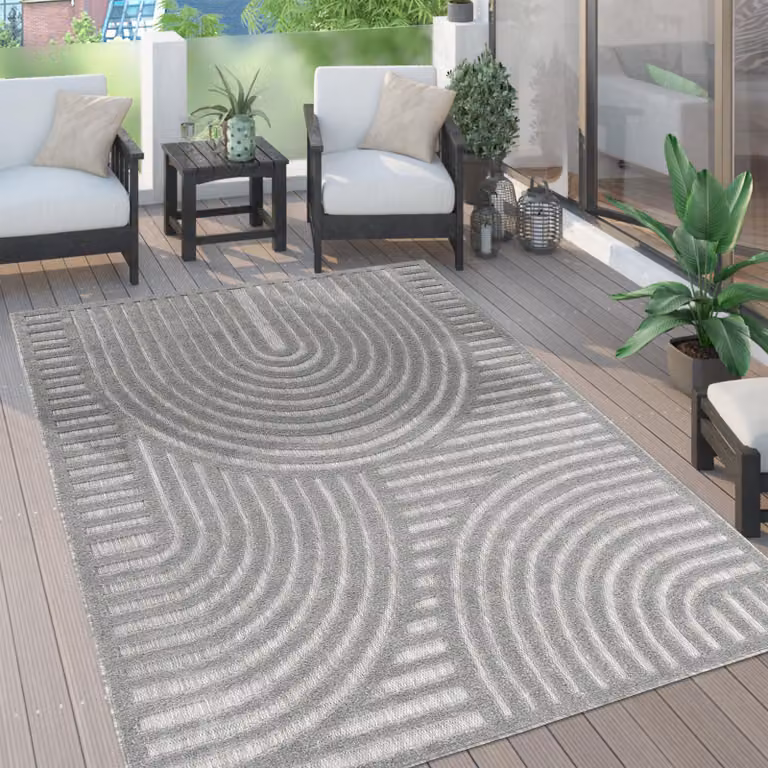 Alfombra de exterior Paco Home con diseño bohemio y geométrico, resistente a los rayos UV, color gris, Diámetro: 120 cm