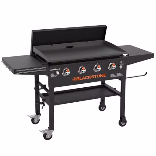 Plancha con tapa Griddle de Blackstone con 4 quemadores en color negro y acero inoxidable