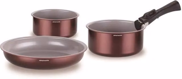 Arthur Martin Batería de cocina de 18 piezas con revestimiento antiadherente, aluminio y cerámica, incluye sartenes, cacerolas y tapas, colores negro y rojo