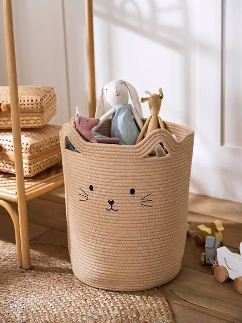 Cesta de organización Gato de Vertbaudet en cuerda de algodón beige para habitación infantil