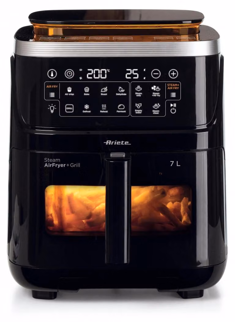 Freidora de aire Ariete 4636/00 de 7 litros con control táctil en color negro y transparente