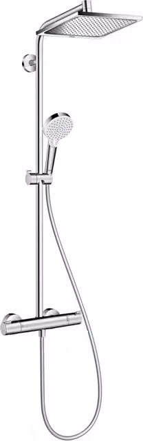 Columna de ducha termostática Hansgrohe Crometta E 240 con alcachofa de mano y efecto lluvia en acabado cromado para instalación de pared