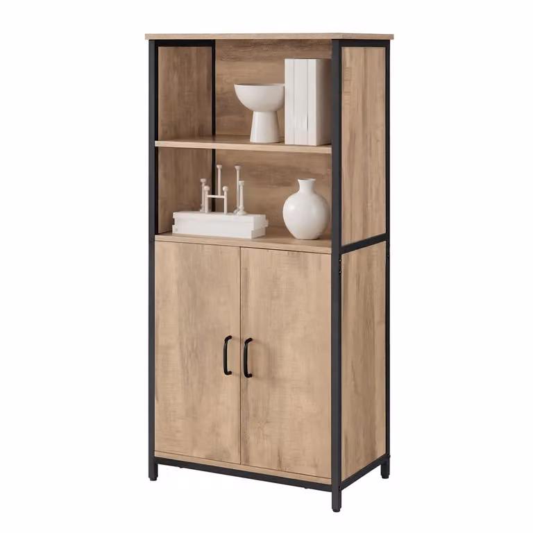 Aparador VASAGLE moderno con estantería y puertas, estructura de metal y madera en color marrón roble y negro, An/P/Al: 124.5 x 35.0 x 60.0 cm