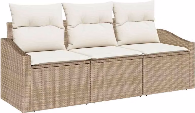Juego de muebles de jardín Syfax de polirratán beige con sofá de 3 plazas, sillones, otomana, mesa de centro y cojines tapizados