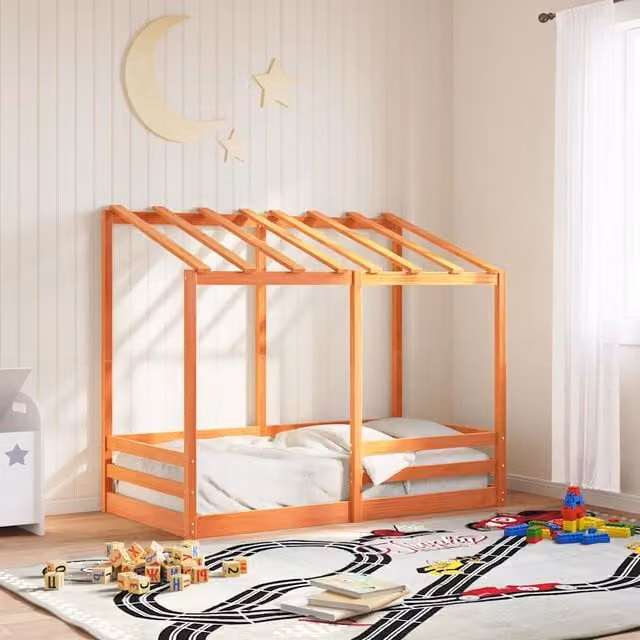 Cama infantil con estructura de casa Maison Exclusive de madera de pino maciza en color marrón, An/P/Al: 160 x 80 x 95 cm