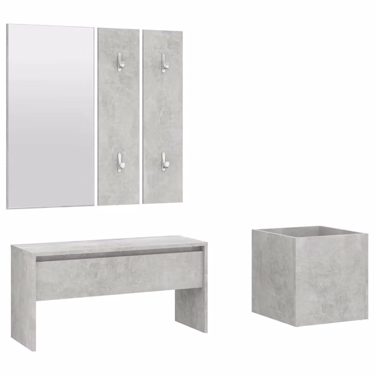 Juego de muebles de recibidor moderno vidaXL con banco, espejo, estante de pared y zapatero en color gris y madera