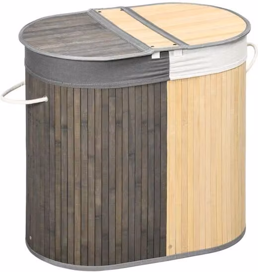 Cesto de ropa sucia HOMCOM de bambú con tapa y 2 compartimentos, 100 l, gris y natural, An/P/Al: 62,5 x 37 x 60,5 cm