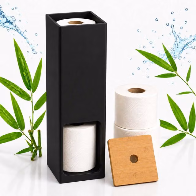 Portarrollos de pie para 4 rollos de papel higiénico de relaxdays en madera de bambí natural y negro, Al: 46,5 cm, An: 14 cm, P: 14 cm