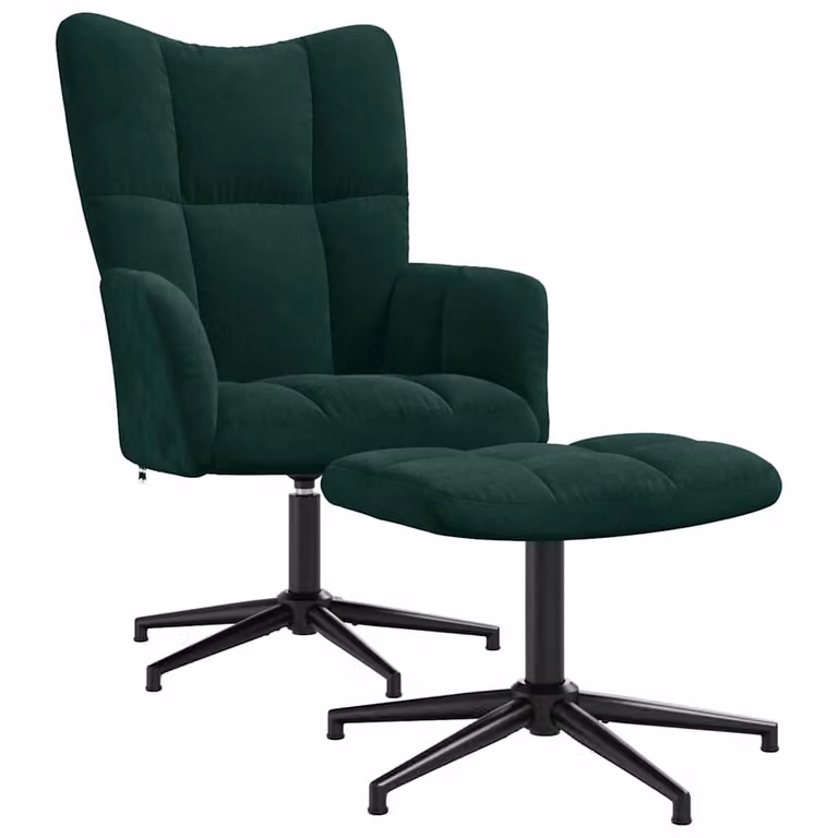 Sillón de relax con taburete vidaXL en terciopelo verde oscuro con estructura de metal y giro de 360 grados