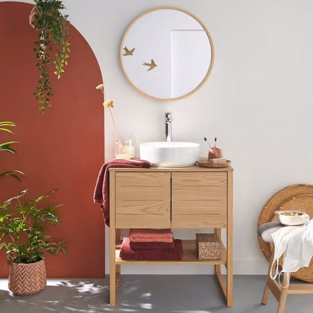Mueble de baño Atoll beige con lavabo y espejo de diseño moderno y acabado lacado con puertas de cierre suave
