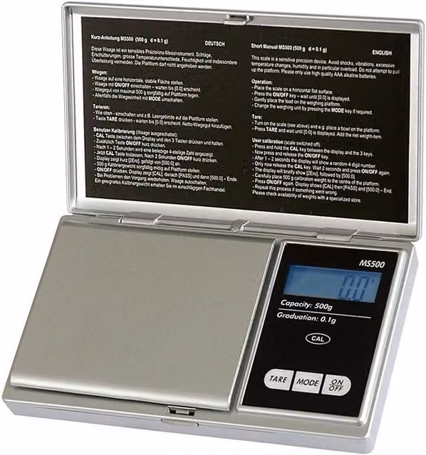 Báscula de mesa digital MS500 de 500 g color plata con diseño plegable para cocina