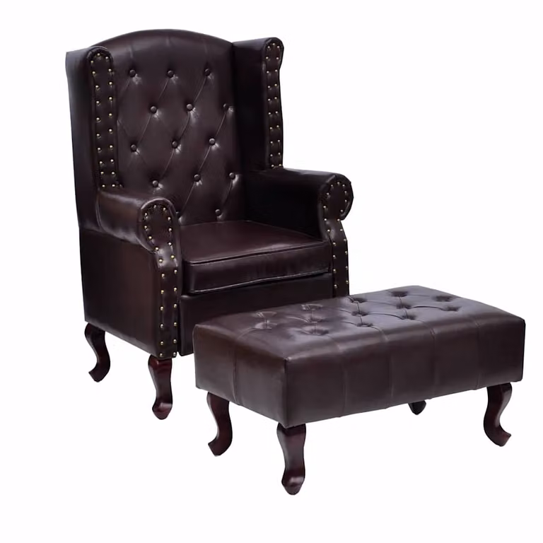 Sillón relax Chesterfield vidaXL con reposapiés integrado de cuero sintético marrón oscuro y estructura de madera sólida An/P/Al: 111 x 78 x 66 cm