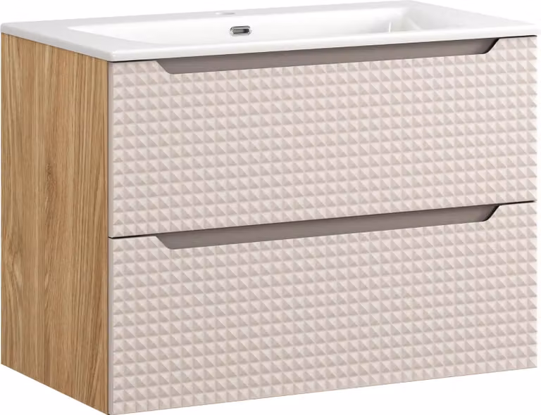 Mueble de baño DMK en roble con acabado aceitado y color beige de estilo minimalista y diseño geométrico con puertas y cajones de 80 cm