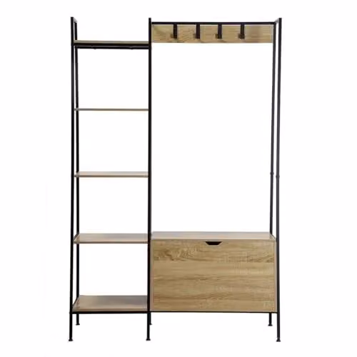 Armario abierto Casamania de estilo industrial con estantes, barra de colgar y baúl en madera de roble y metal, color marrón, negro y beige, An/P/Al: 97 x 35 x 160 cm