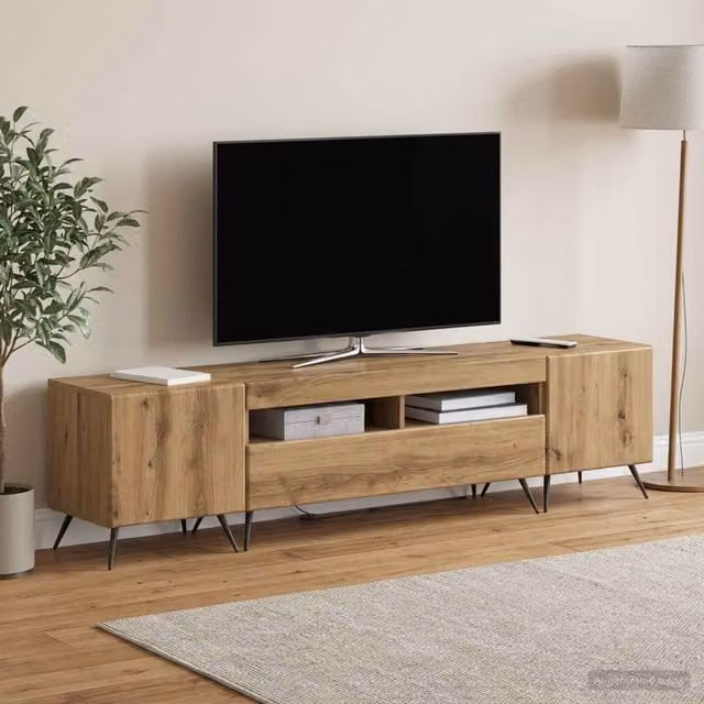 Mueble de TV Breda de Maison Exclusive con iluminación LED, acabado roble artisan y 3 unidades en color marrón