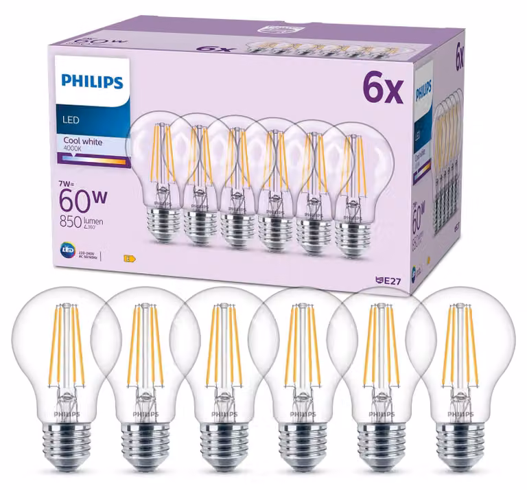 Pack de 6 bombillas LED Philips de diseño clásico transparente con casquillo E27, potencia equivalente a 60 W, 7 W de consumo, 850 lúmenes y luz blanca fría