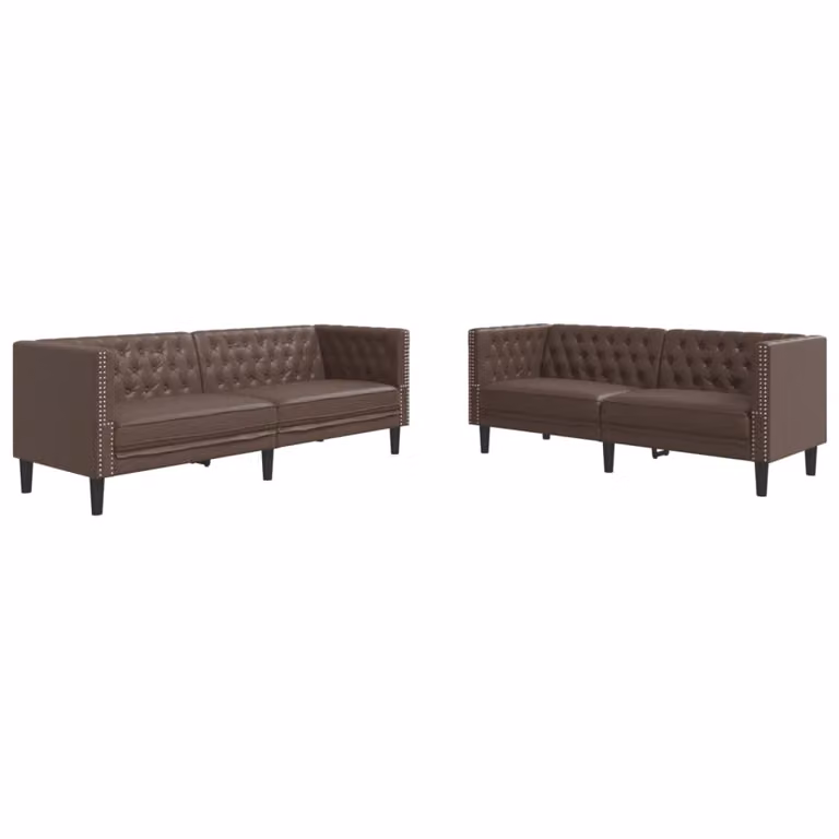 Juego de 2 sofás Chesterfield vidaXL tapizados en cuero sintético marrón con estructura de madera sólida