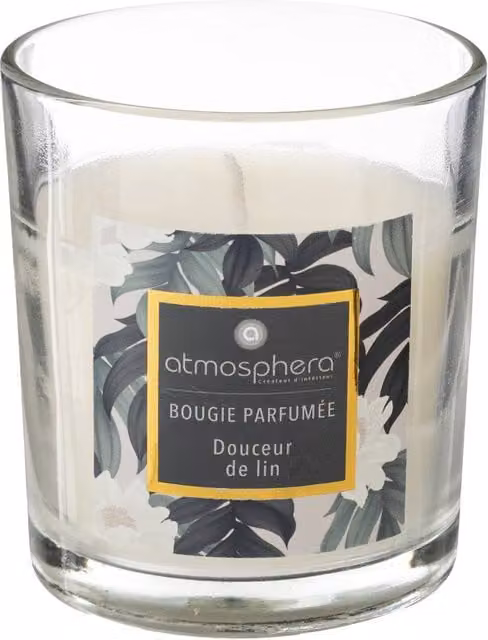 Vela perfumada Atmosphera Neda con aroma floral de lino en envase de cristal multicolor de 110 g