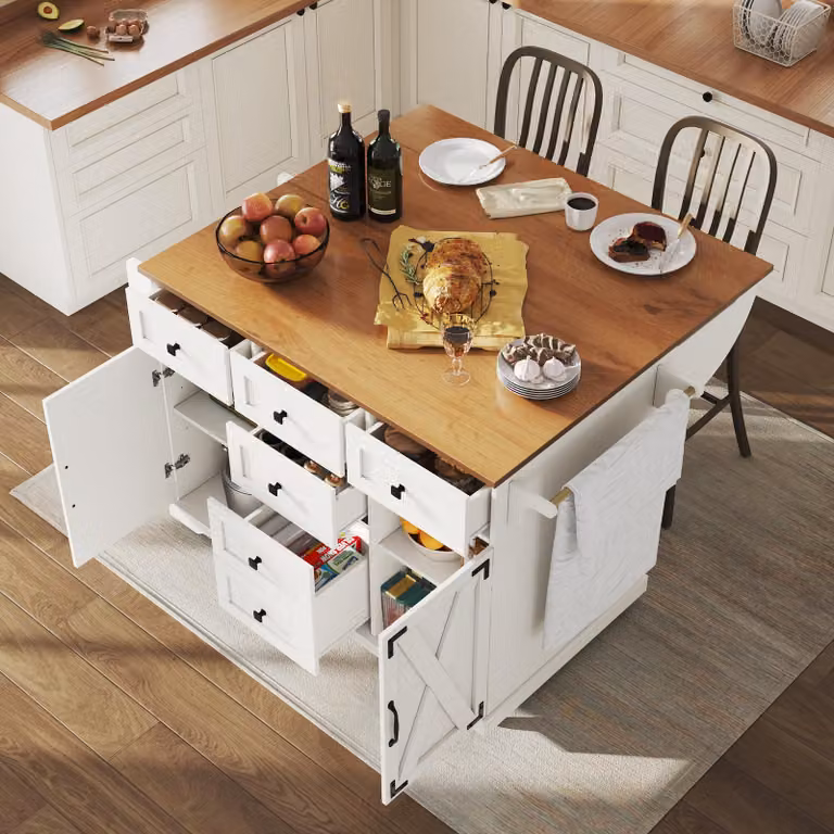 Isla de cocina y aparador MODFU en color blanco con detalles metálicos y ruedas para cocina o comedor