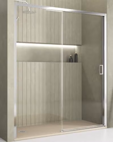 Mampara de ducha corredera B BAÑO TOTAL de cristal transparente con perfilería en cromo brillante, modelo rectangular de dos partes, An: 115 cm, Al: 190 cm