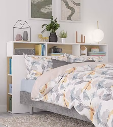 Cabecero de cama Onix Home Heavenly con almacenaje integrado y 9 espacios útiles, Blanco y Roble, An/P/Al: 162 x 100 x 23 cm