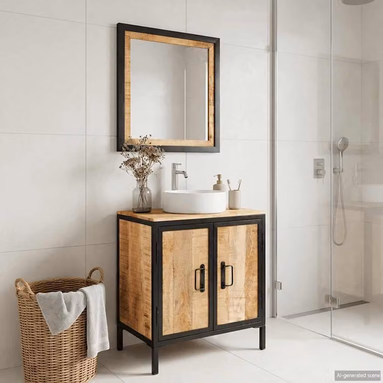 Mueble de baño Prolenta de estilo industrial con unidad de lavabo, fabricado en metal y madera de mango color marrón, An/P/Al: 60 x 35 x 60 cm