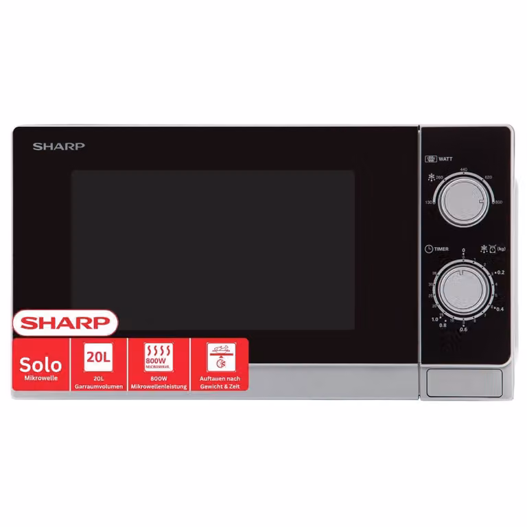 Microondas Sharp R200INW solo de 20 litros en color silver con 800 W de potencia y puerta de vidrio