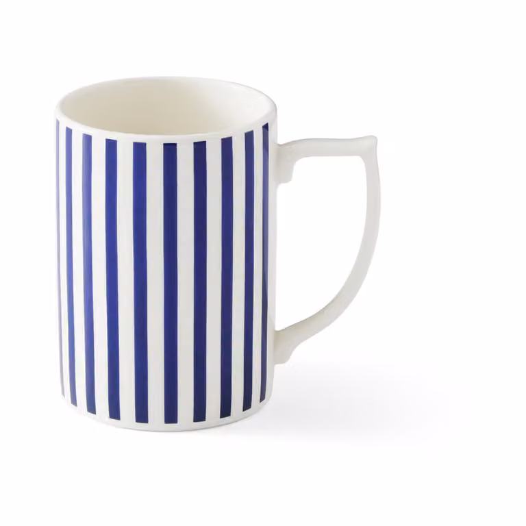 Juego de 4 tazas de café y té Spode Steccato de cerámica azul y blanca con diseño de rayas finas, 350 ml cada una