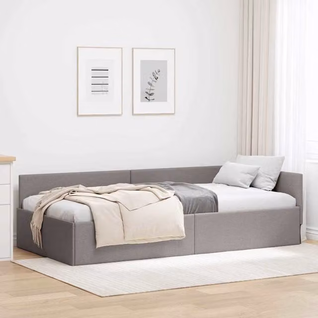 Estructura de cama de esquina Maison Exclusive en tela beige y gris con chaise longue asimétrica, An/P/Al: 80 x 200 x 140 cm