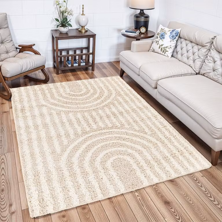 Alfombra shaggy de estilo escandinavo Livabliss en blanco y beige, An/P/Al: 160 x 220 cm