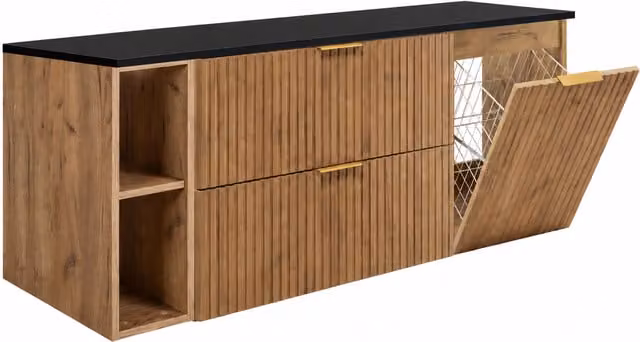 Conjunto de mueble de baño moderno 3X E LIVING con cesto para la ropa, acabado roble y encimera negra con tiradores dorados, An/P/Al: 140 x 57 x 46 cm