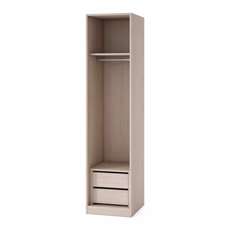 Armario Mio de El Corte Inglés con puertas batientes, cajones internos y balda en color beige mate