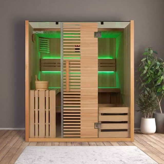 Sauna tradicional finlandesa Home Deluxe OMAHA de madera color marrón para 4 personas, An: 180 cm, P: 150 cm, Al: 7,5 cm