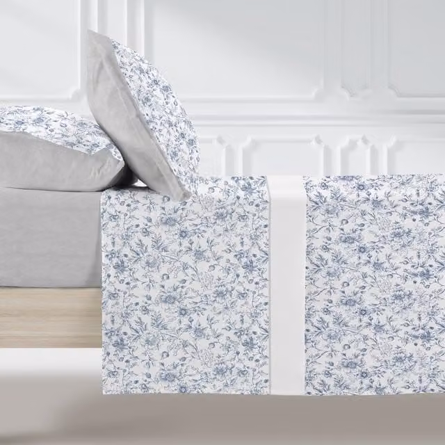 Juego de sábanas de algodón Manterol con estampado floral en azul y blanco para cama de 150 o 160 cm