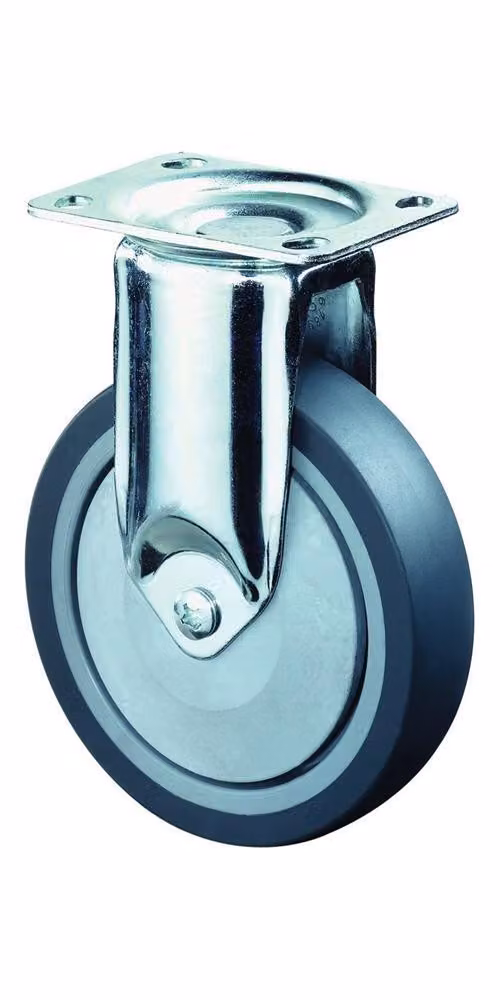 Rueda de carga giratoria Bs Rollen de goma maciza gris con placa de acero cromado, capacidad 100 kg, diámetro 150 mm, modelo C110.A85.151