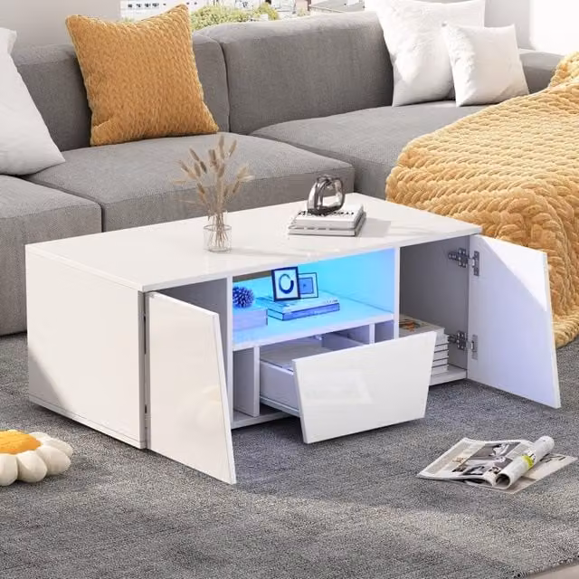 Mesa de centro Dreammespace blanca con acabado brillante, diseño geométrico y minimalista para salón, An/P/Al: 100 x 50 x 40 cm