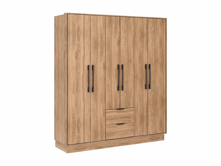 Armario de 6 puertas y 2 cajones FEOVA en color beige y marrón, An: 162 cm, Al: 182 cm, P: 46,5 cm