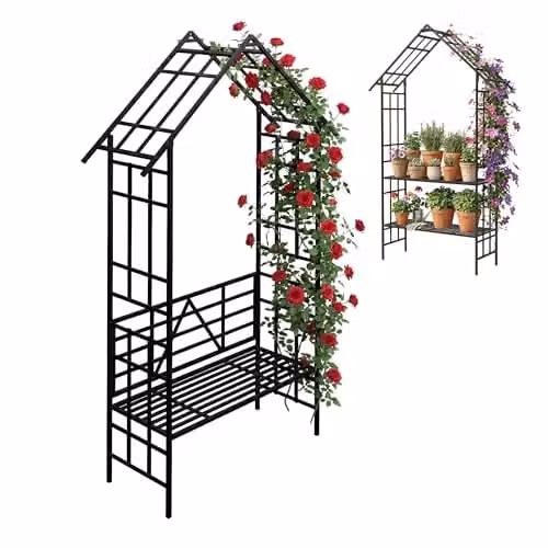 Arco para rosas con banco o estante para plantas Relaxdays en hierro negro para jardín o entrada, An/P/Al: 247 x 150 x 43 cm