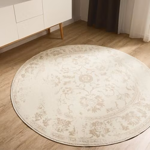 Alfombra Benuta Basic Suki de estilo vintage oriental en color crema y beige, forma redonda, Diámetro: 120 cm, material de poliéster para salón o dormitorio