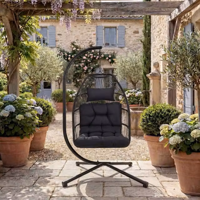 Sillón colgante tipo huevo Tectake con estructura de metal y cojines extra gruesos en gris y negro para jardín o salón