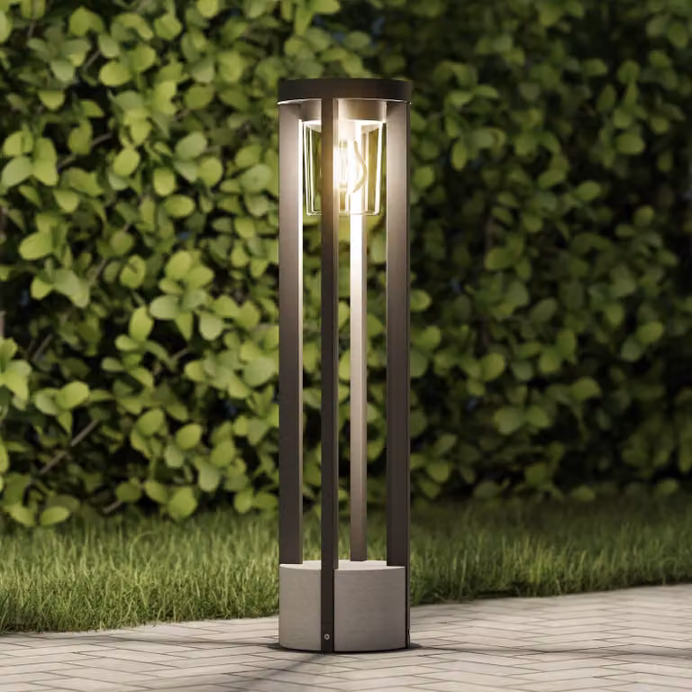Baliza luminosa de exterior Overa de Lucande, diseño moderno en gris y transparente, atenuable