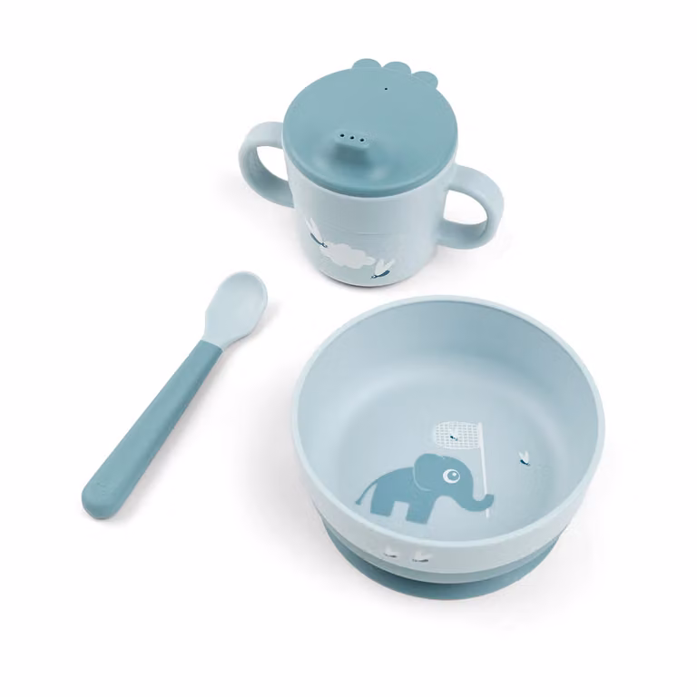 Set de vajilla de aprendizaje Done by Deer Elphee Foodie First Meal de 3 piezas en color azul con bowl con ventosa, taza y cuchara de polipropileno