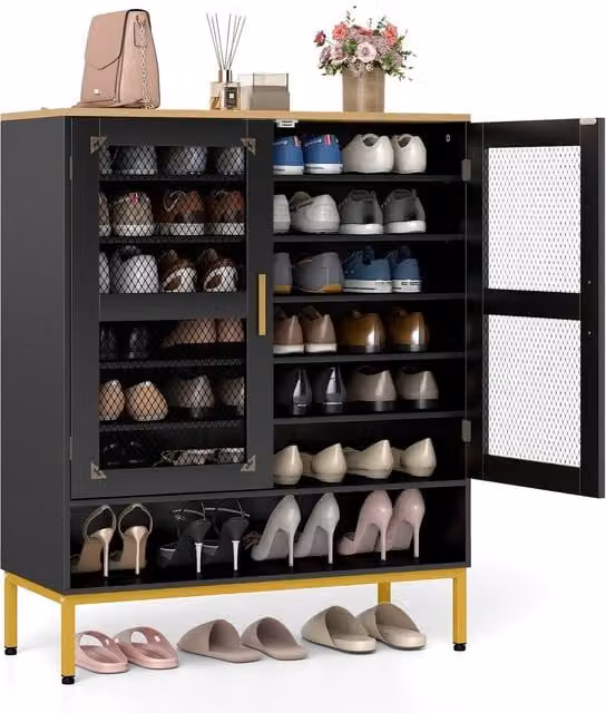 Zapatero de madera NORTHIX en color negro con puertas de malla y estantes regulables An/P/Al: 106 x 37 x 80 cm