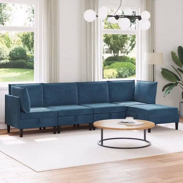 Juego de muebles de salón vidaXL de 5 piezas en terciopelo azul con cojines y diseño en forma de L
