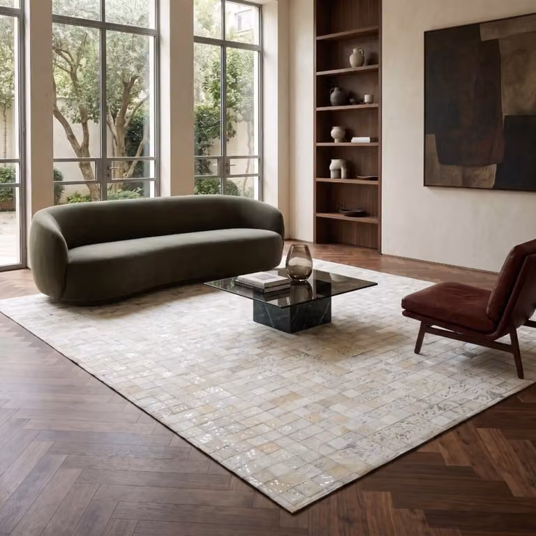 Alfombra de cuero auténtico The Deco Factory en blanco y plata, diseño patchwork moderno, An/P: 120 x 170 cm